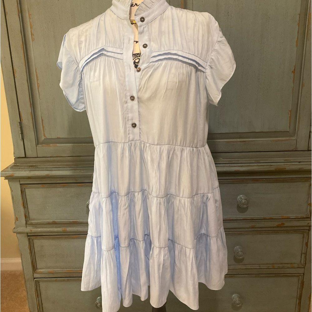 Day + Moon Light baby Blue Tiered Cotton Mini Dress Size Medium